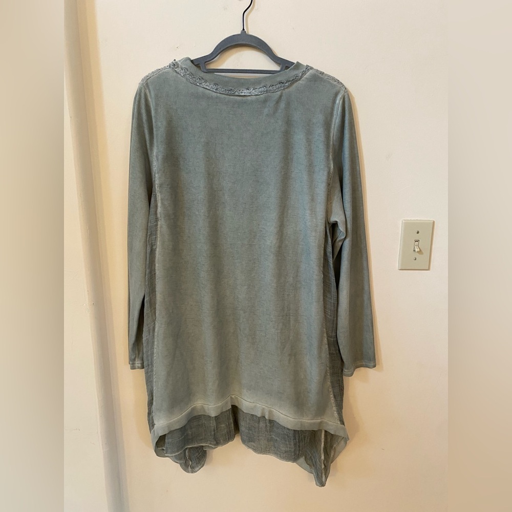 Pretty Angel Sage Green Lace Tiered Lagenlook Tunic Top Pockets L Linen Blend - Picture 8 of 8